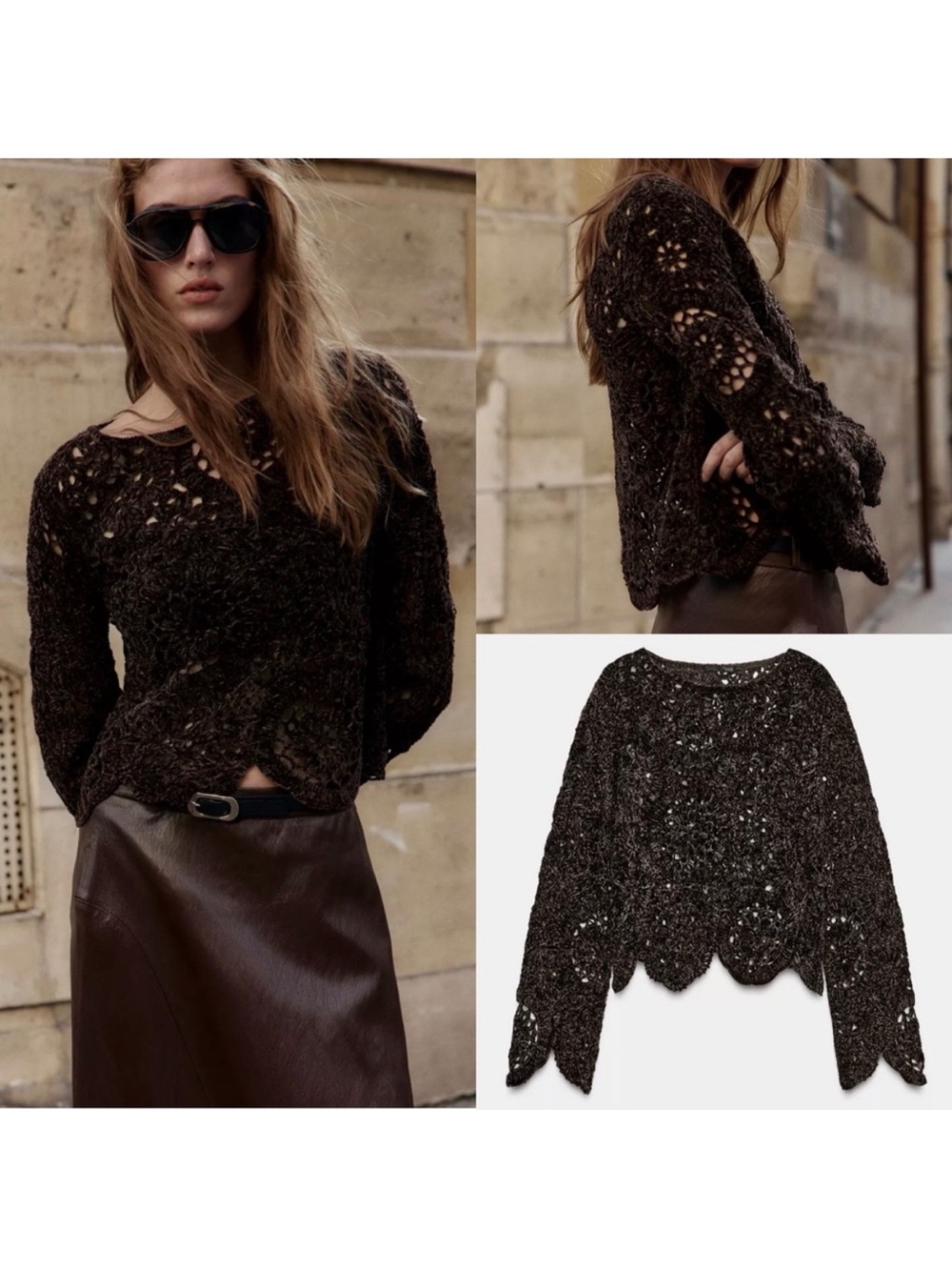 Zara NWT brown knit crochet hollow see through long sleeve top